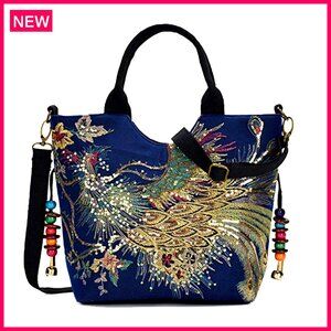 Vintage Sequins Peacock Handbag with Ethnic Embroidery and Pendants